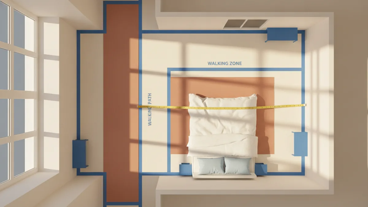 Layout planning in a compact bedroom with clear walking space.