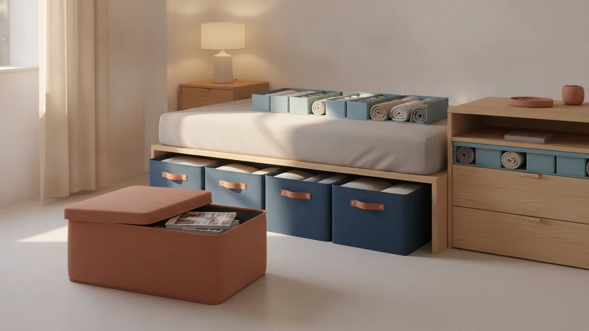 Storage ottoman, under-bed bins, and tidy drawer organizers in a small bedroom.