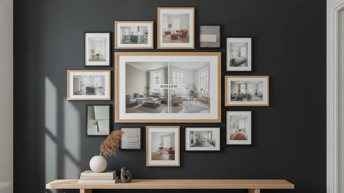 Vertical gallery wall with an oversized centerpiece and balanced smaller frames