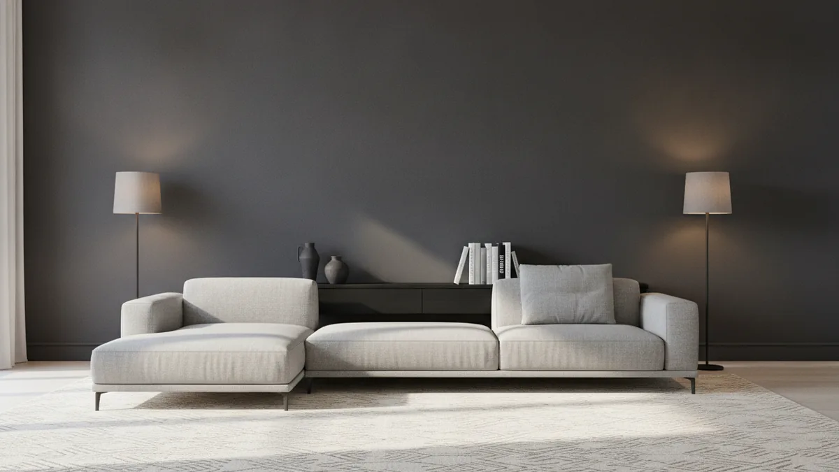 Seating area with rug and console positioned to balance a tall wall