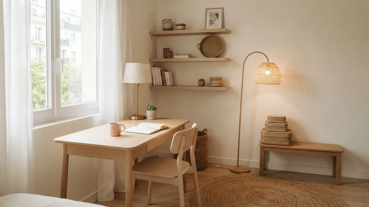 Teen bedroom study corner with warm lighting, tidy shelves, baskets, and a compact wooden desk