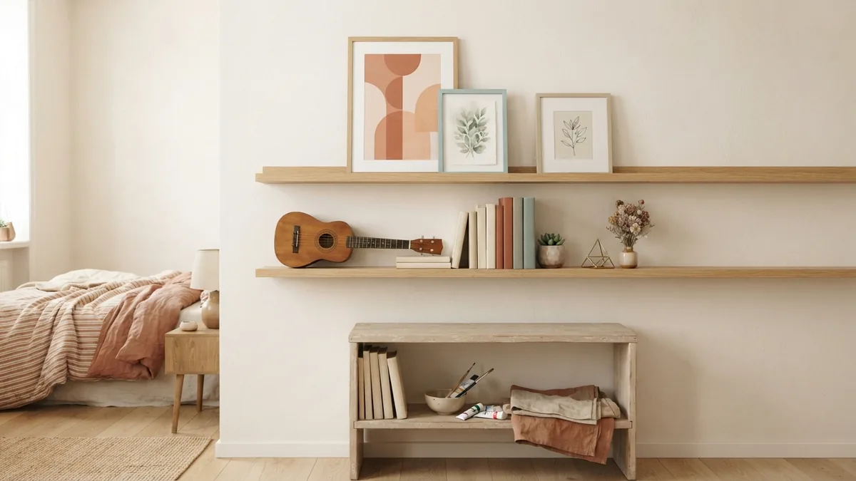 A personal display wall with calm style Personal teenage bedroom display with framed art, shelves, books, and carefully chosen hobby objects