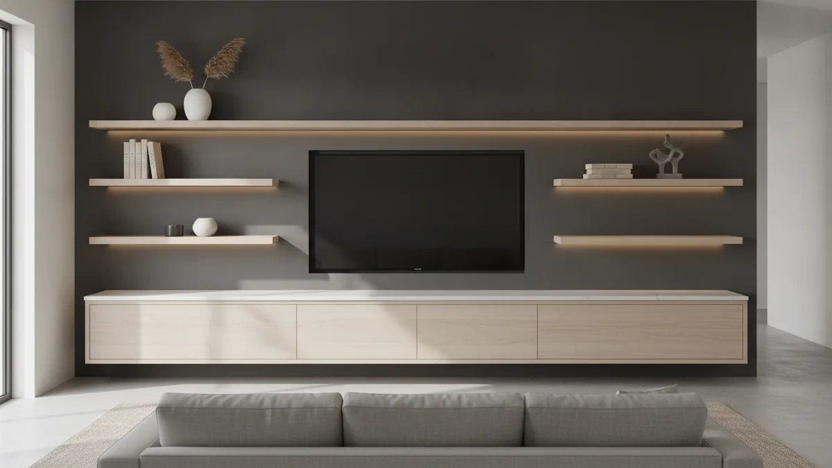 Shelves and storage sized to the TV Built-in shelves and cabinet around a TV for clean storage
