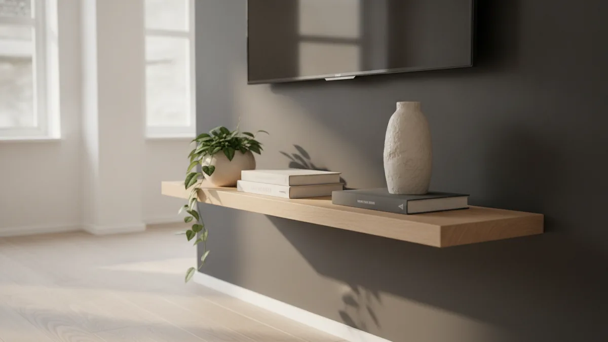 Plants, vases, and books styled on TV wall shelves