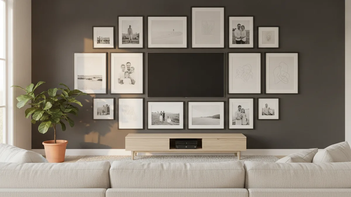 Gallery-style art near the TV Framed art and photos placed to personalize a TV wall