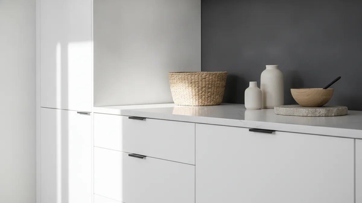 White kitchen surfaces showing contrast from warm finishes and texture
