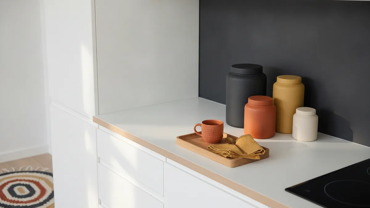 Color accents that feel cohesive Colorful ceramics and accents adding warmth to an all-white kitchen