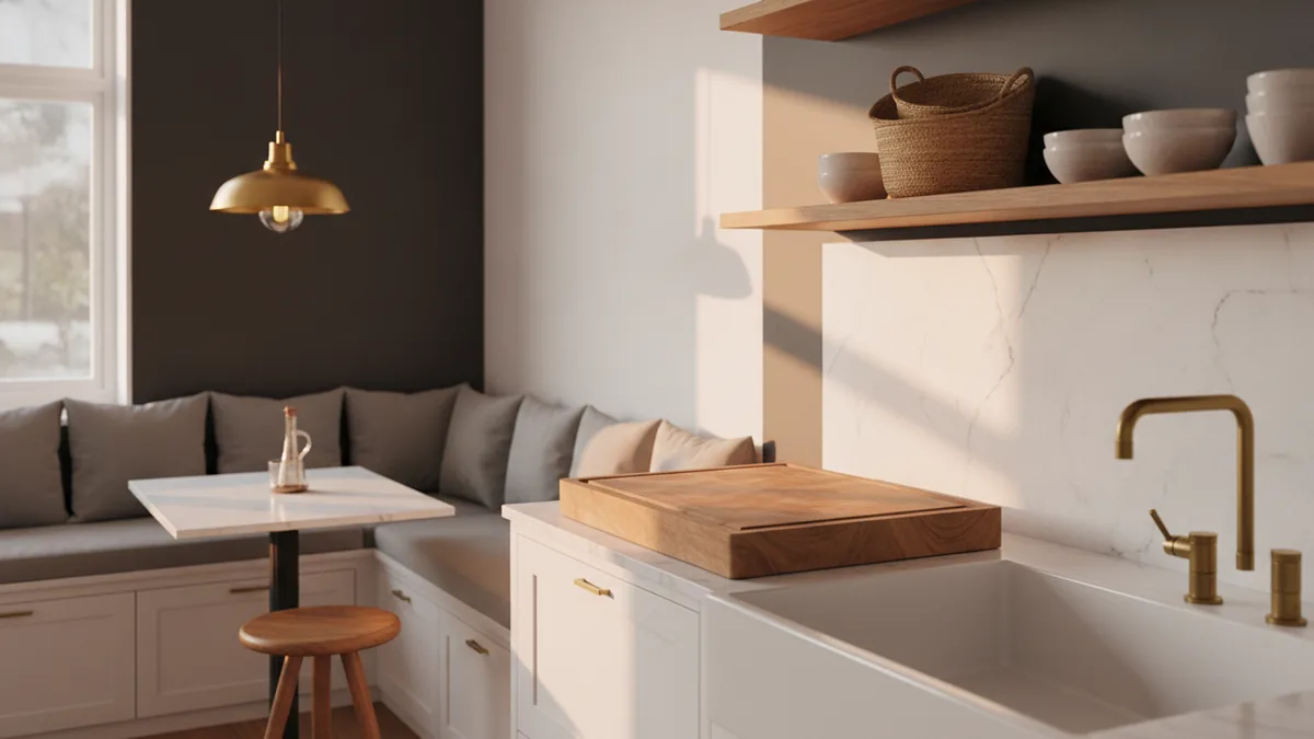 Wood and woven textures warming up a white kitchen