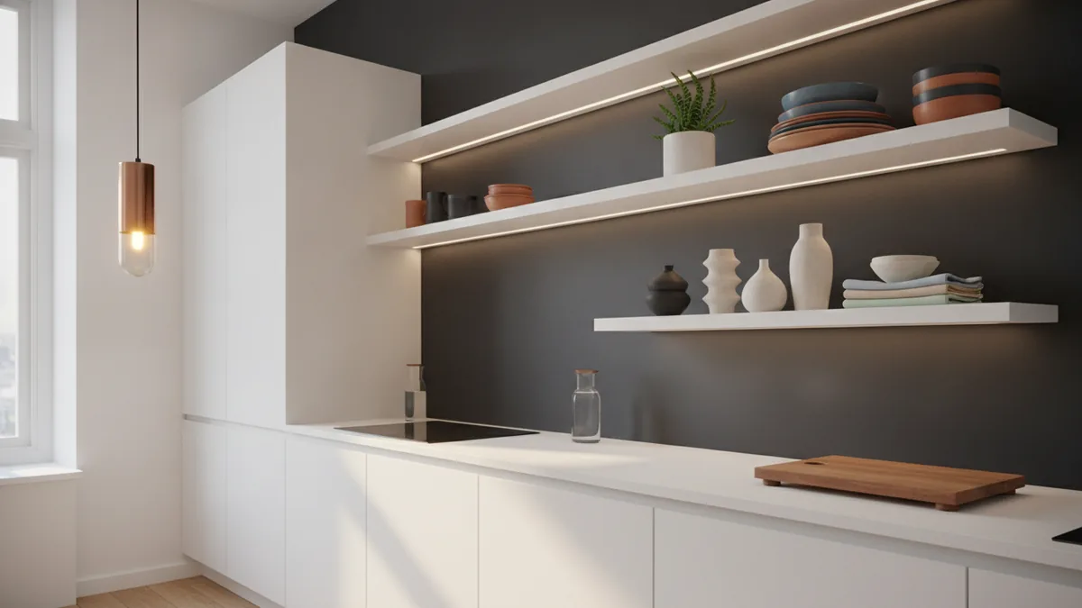 Layered light and styled shelves Open shelving and layered lighting creating a cozy, styled white kitchen
