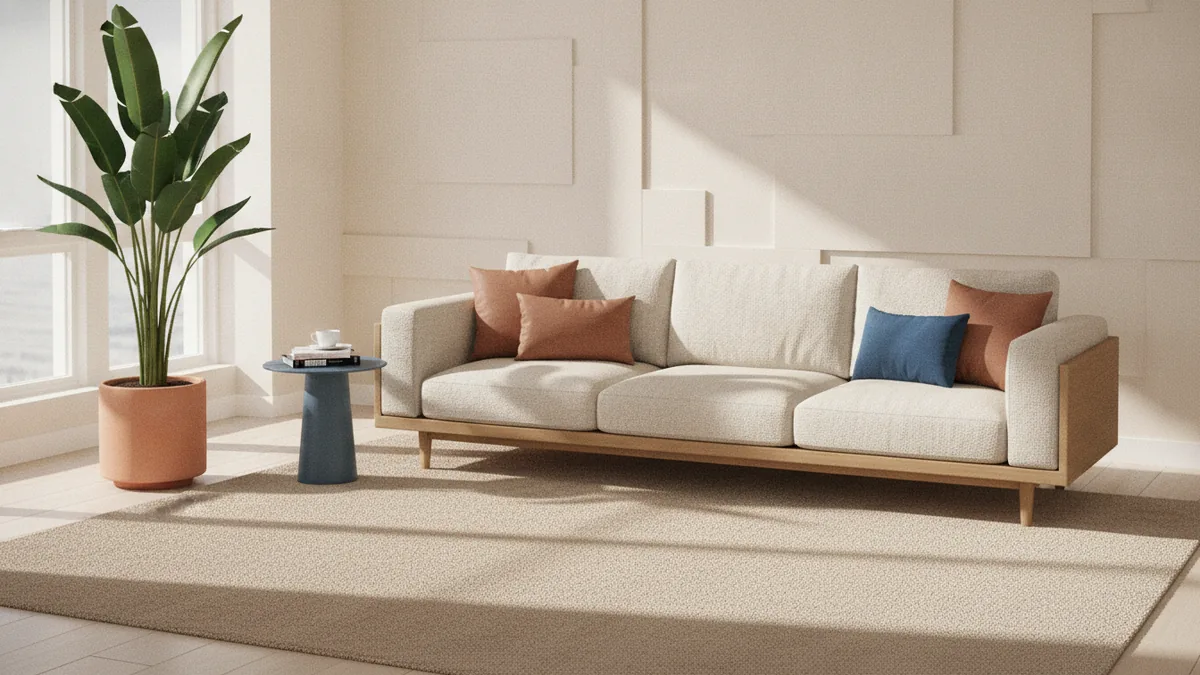 Minimalist apartment living room corner with neutral seating and warm accents