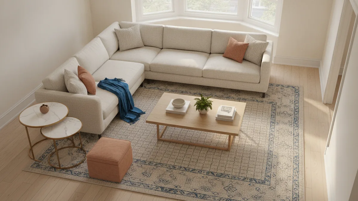 Plan furniture and flow Apartment living room furniture arrangement with storage and clear pathways