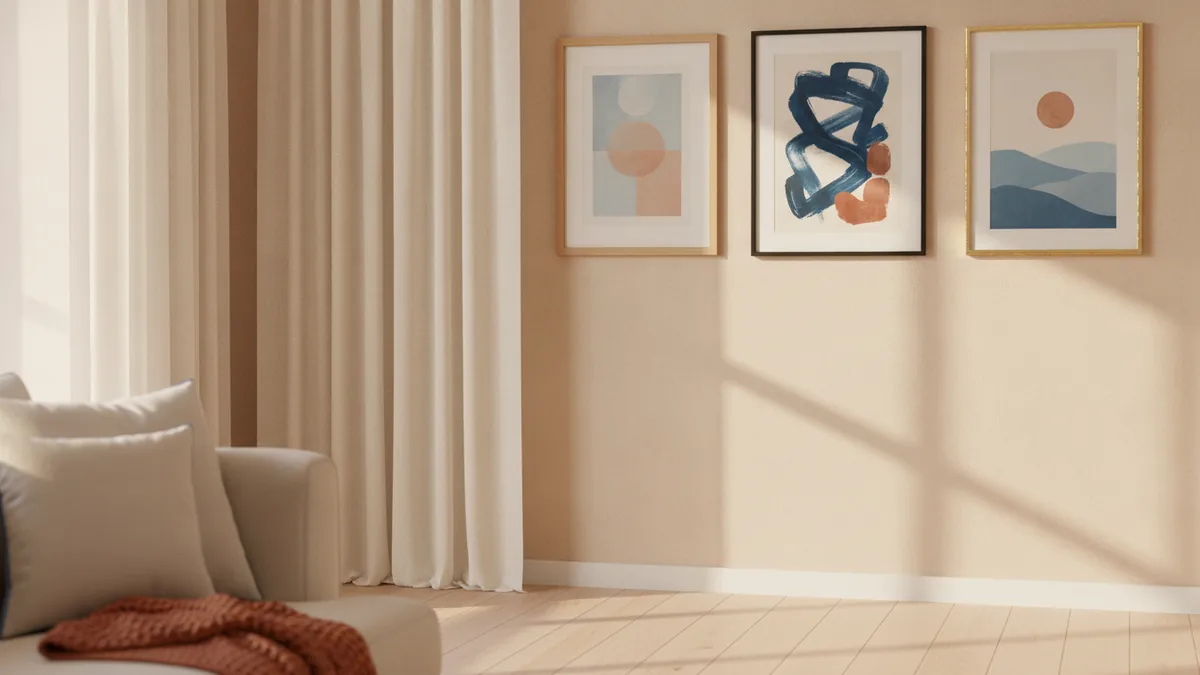 Use warm color and texture Warm wall colors with framed art and curtains for a cozy living room