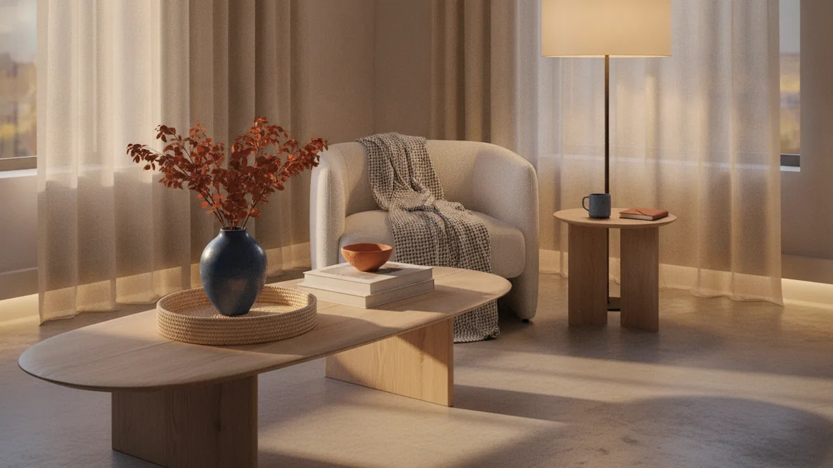Layer decor and lighting Living room styling with layered textures, warm lamp light, and decorative accessories