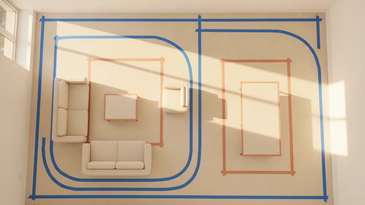 Planning traffic flow for the L-shape Planning tape outlines for traffic flow in an L-shaped room