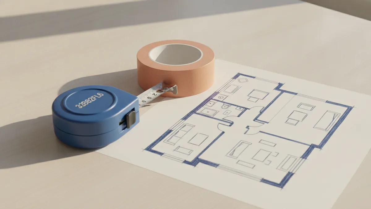 Measure and mock the layout first Tape measure and masking tape on a floor plan for room setup