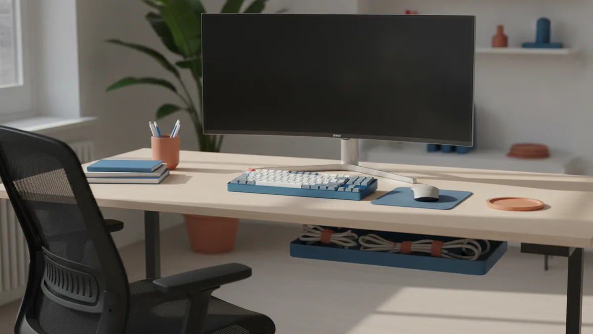 Ergonomic desk layout with centered keyboard, clear pathways, and organized supplies.