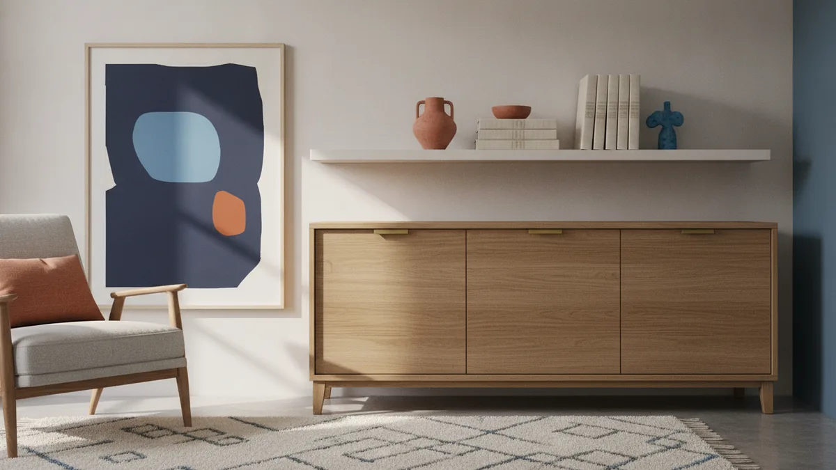 Color and art that feel finished Office wall art, rug, and shelves coordinated with calming office color schemes.