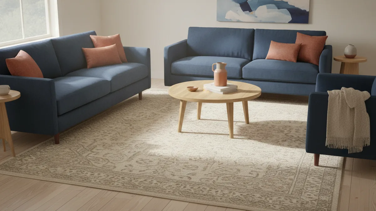 Seating area anchored by a correctly sized area rug