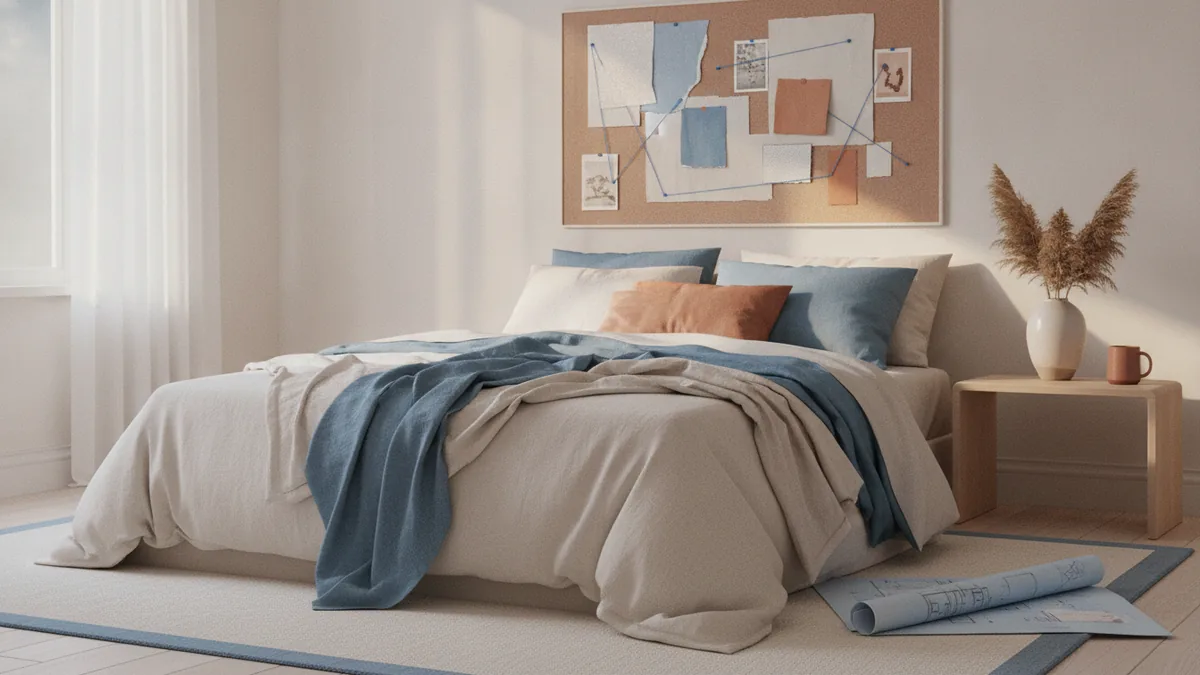 Calm bedroom corner showing a retreat vibe for planning wall decor