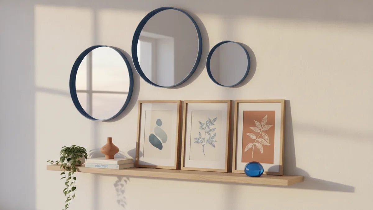 Bedroom wall vignette with mirror, framed art, and curated ledge decor