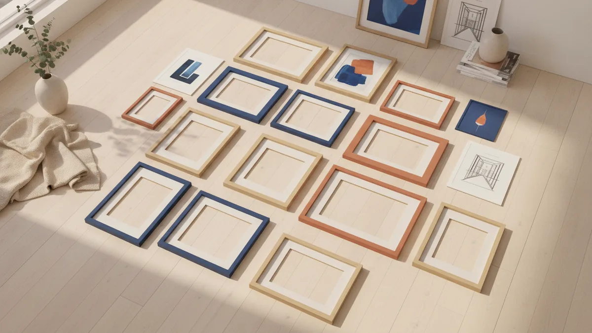 Gallery wall layout planning with frames arranged in a balanced pattern