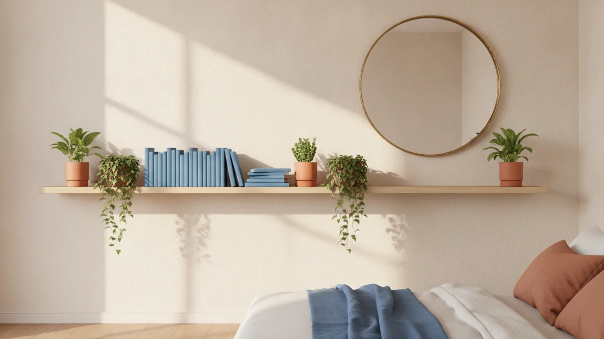 Functional bedroom wall storage with shelves and a decorative mirror