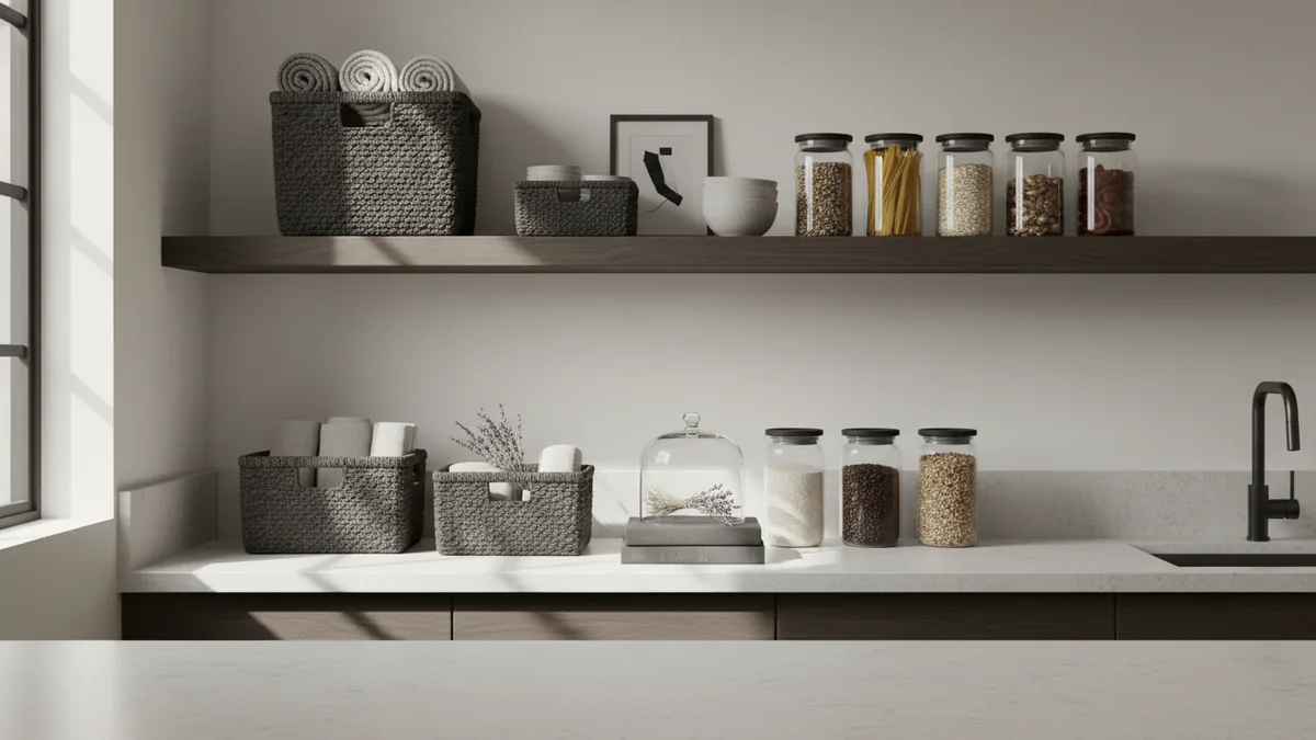 Use decor accessories with purpose Baskets, jars, and books used as decor accessories above cabinets
