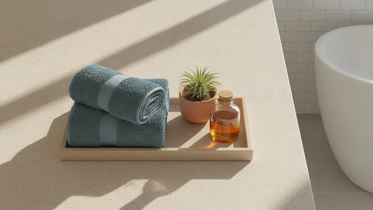 Organized bathroom decor layers with towels and a tray