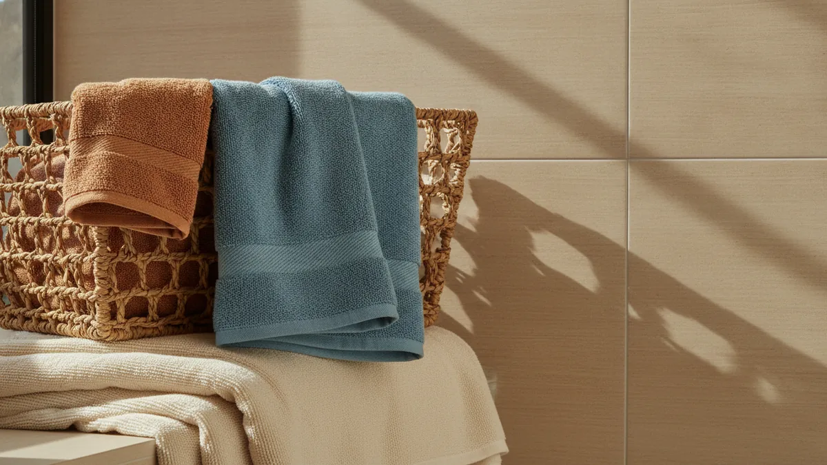 Mixing tile, fabric towels, and wood-like textures for warmth