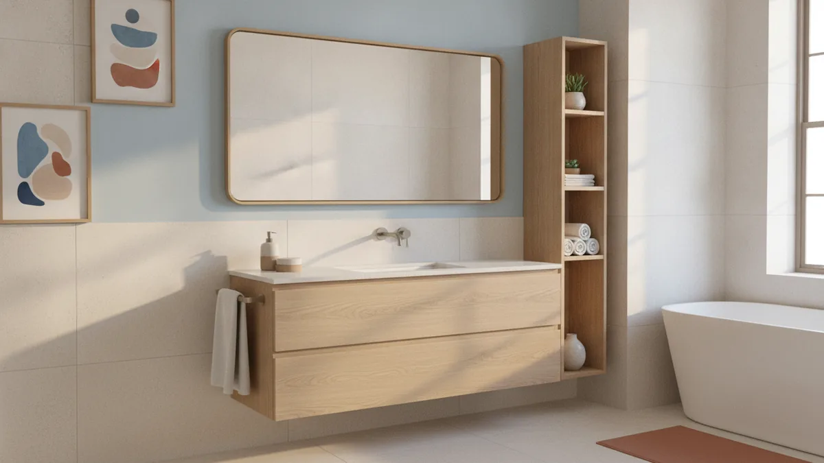Make walls the focal point Bathroom mirror and wall decor with calming color balance