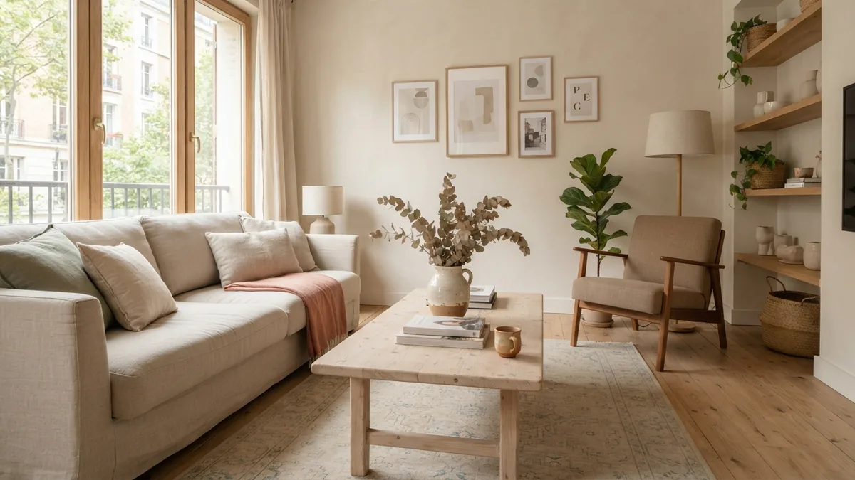 Layered living room color scheme with cream walls, oat textiles, pale wood, and sage accents