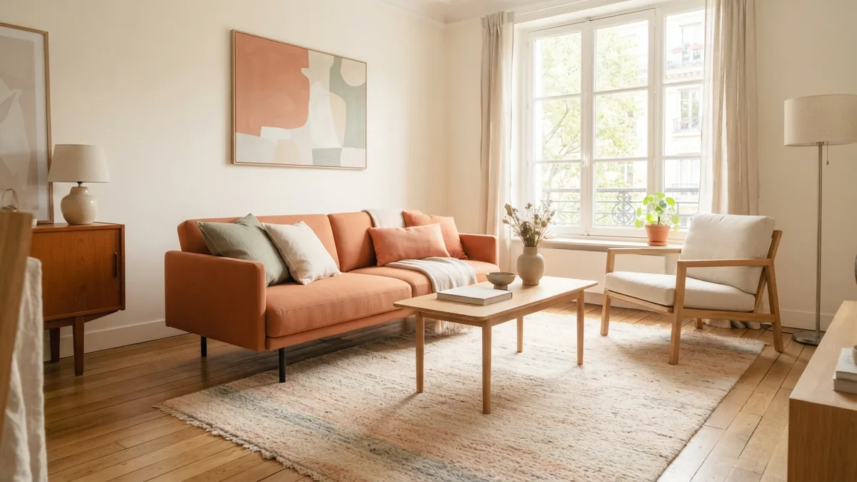 Small European living room with raised furniture, clear paths, and a large rug that defines the seating area