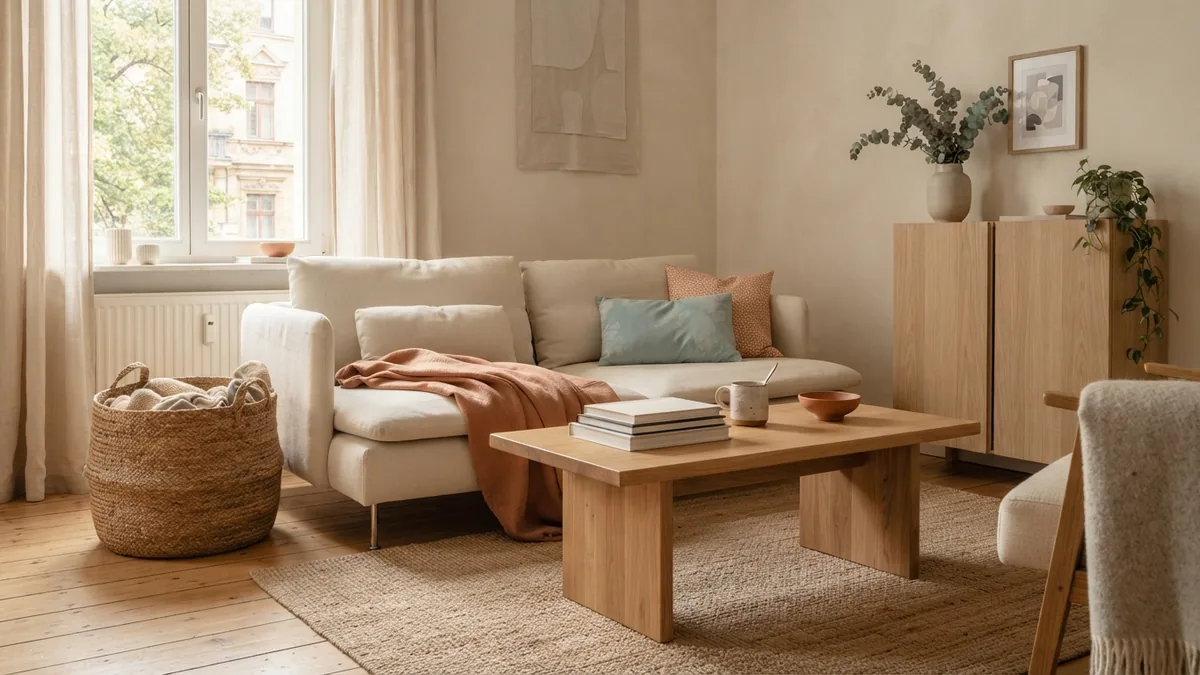 Tidy living room with woven storage, closed cabinets, a simple coffee table, and chosen decor