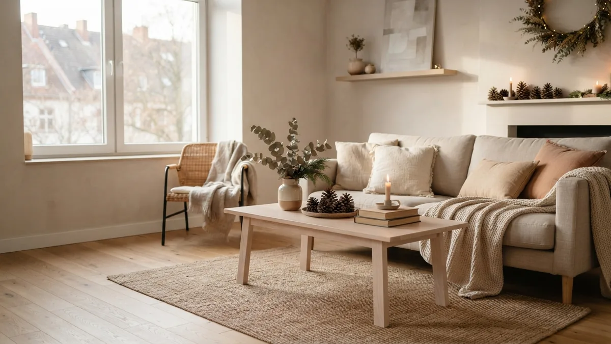 Understated seasonal living room decor Calm living room with subtle seasonal greenery, cream textiles, pale wood, and natural festive accents