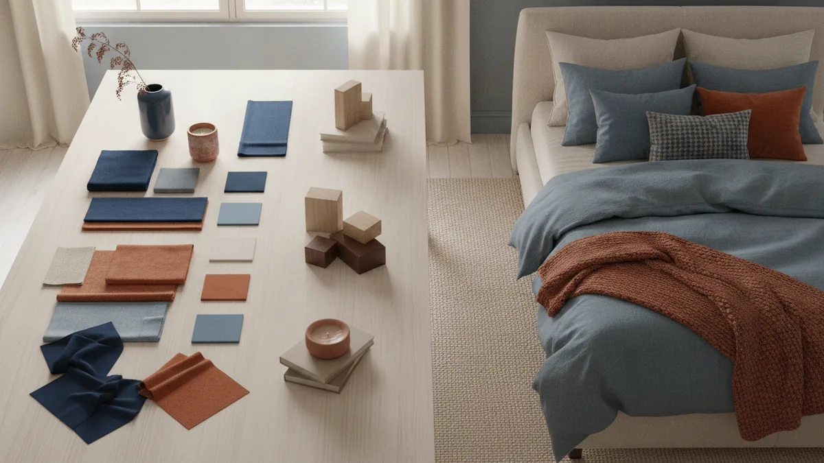 Bedroom planning scene with fabric swatches, paint samples, and room measurements