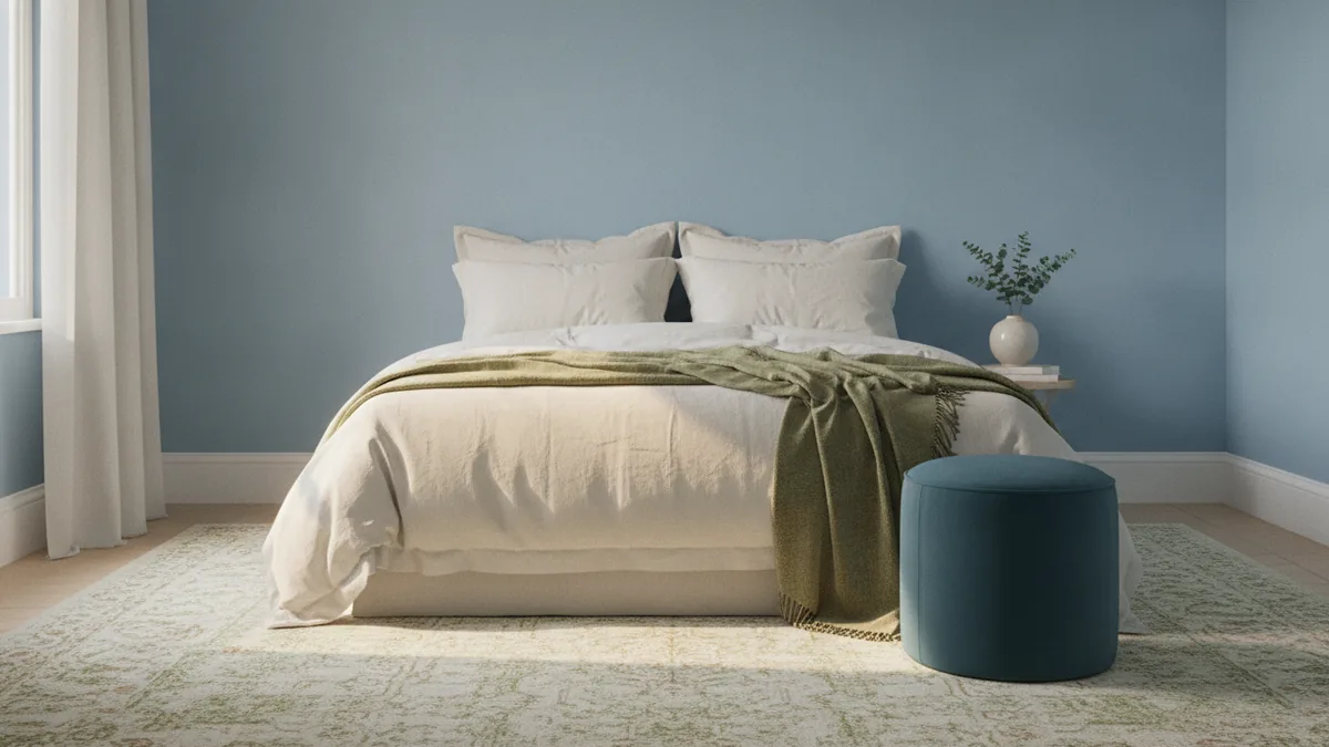 Calm bedroom color palette Bedroom with soft blue walls, warm bedding, and balanced accent colors