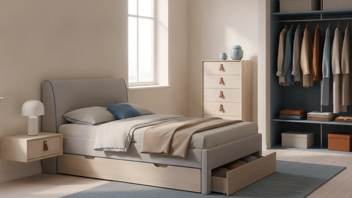 Small bedroom with storage bed, narrow nightstand, and organized closet space
