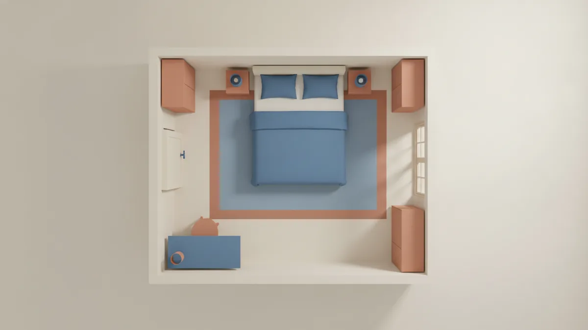 Bedroom furniture layout planning Bedroom floor plan setup with furniture shapes arranged around clear paths