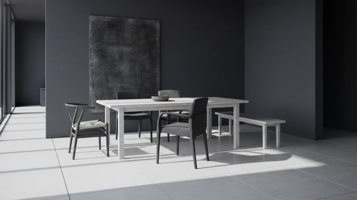Dining table and chairs positioned with comfortable walking space