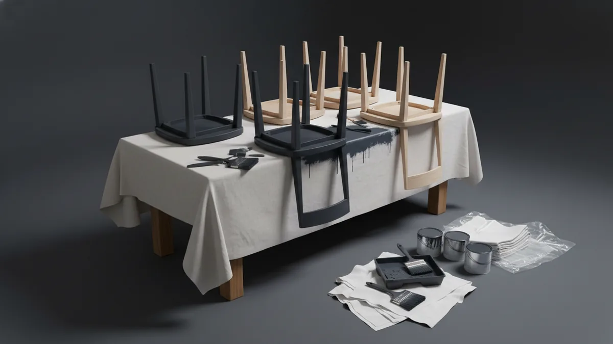 Painting supplies and furniture parts ready for a dining table finish
