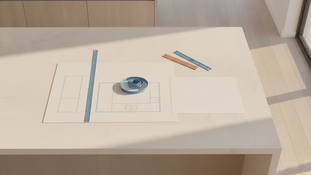 Measuring and planning a kitchen layout on a desk