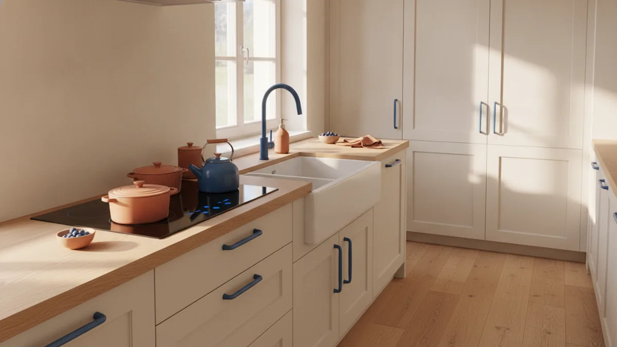 Sink, cooktop, and fridge positioned for a practical kitchen workflow