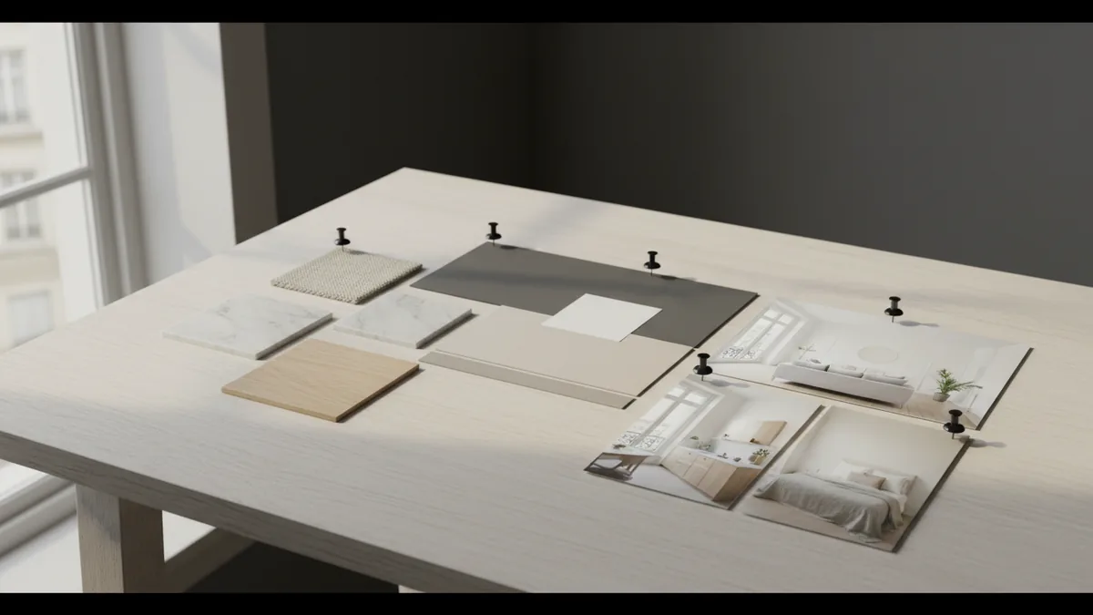 Make inspiration actionable Color swatches and material samples arranged for a mood board direction