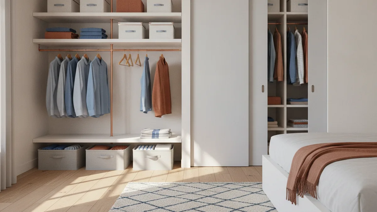Add vertical storage Vertical storage with wall shelves, open hanging rails, and under-bed bins