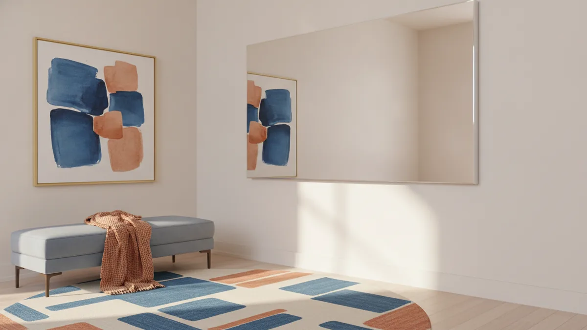 Use light color and mirrors Light-colored small bedroom with a large mirror and bold but simple decor accent