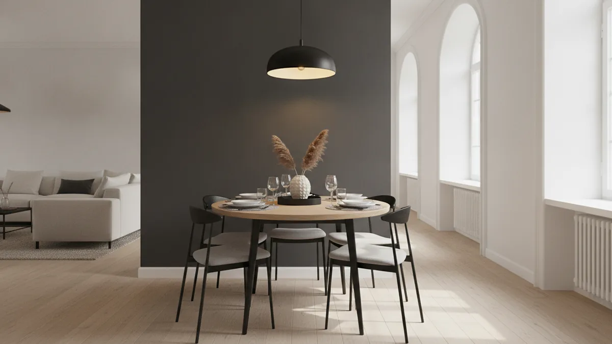 Small dining room table styled neatly with a low centerpiece and trays