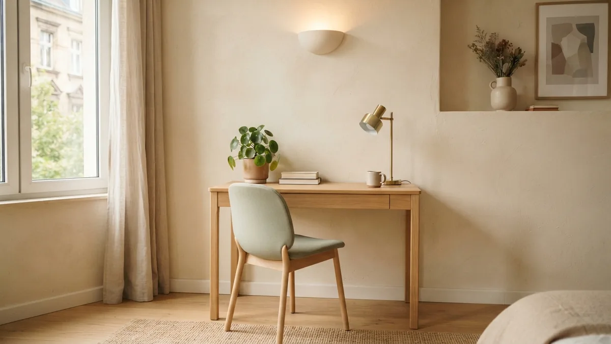 Compact study corner with ergonomic furniture, layered lighting, and a clear work surface