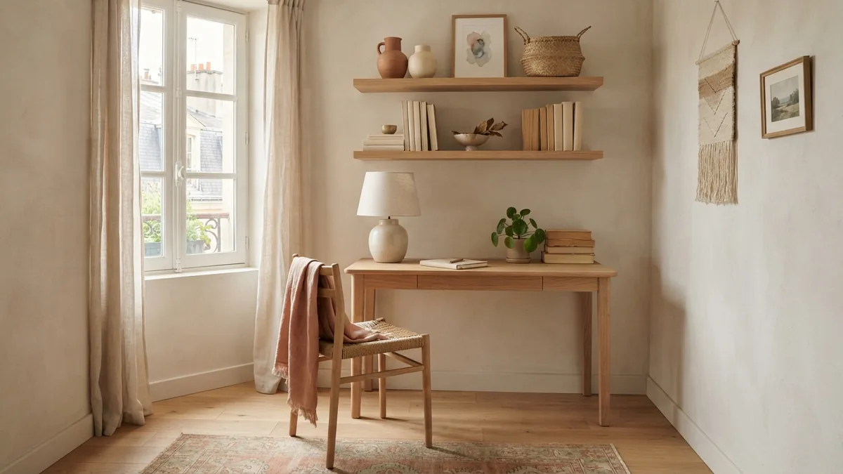Small study room with smart storage Small study room with wall shelves, compact furniture, baskets, and warm daylight