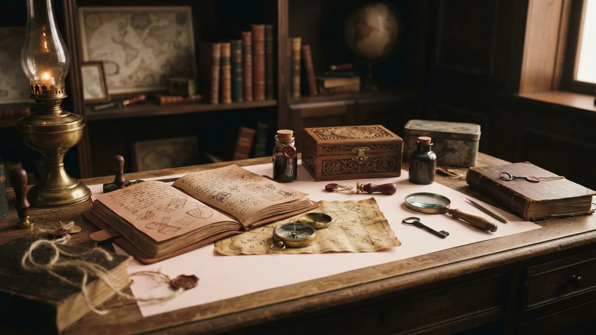 Building the escape room story Story clues and themed props arranged to show a connected escape room mystery