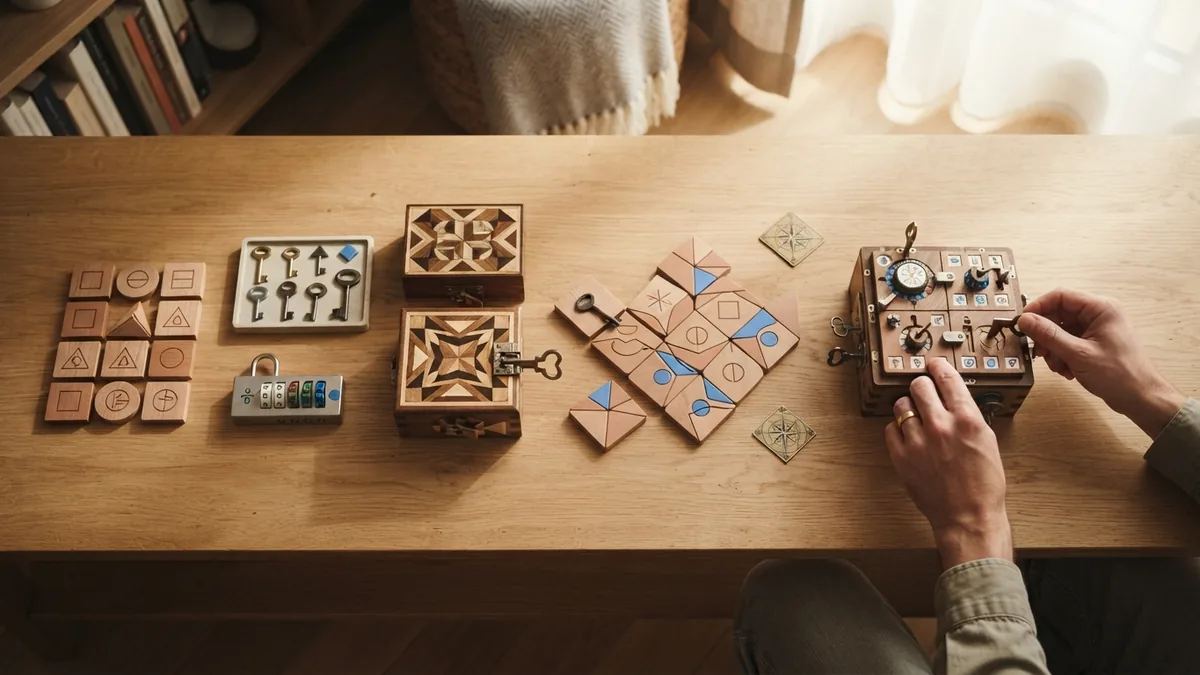 Designing escape room puzzles Escape room puzzle board with locks, symbols, keys, and clues arranged in stages